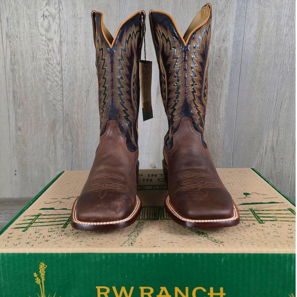 Men's RW Ranch Western Cowboy Boots Cigar Leather Jet Black and Goat 11EE NIB